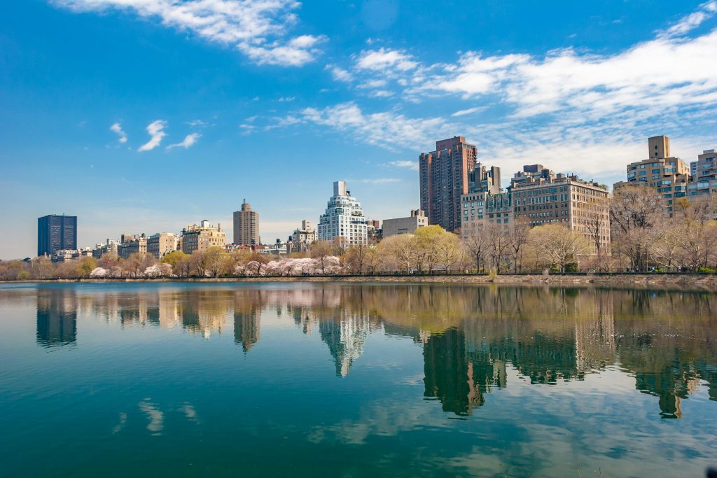 Travel to New York in 2025: 5 Best Travel Tips New York City skyline reflecting in Central Park's serene water under a vibrant blue sky.